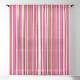 [ Thumbnail: Deep Pink, Brown & Pink Colored Striped Pattern Sheer Curtain ]