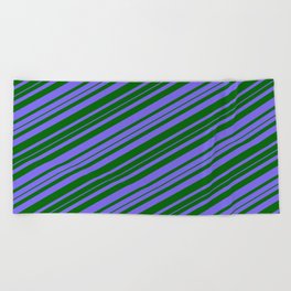 [ Thumbnail: Medium Slate Blue and Dark Green Colored Striped Pattern Beach Towel ]