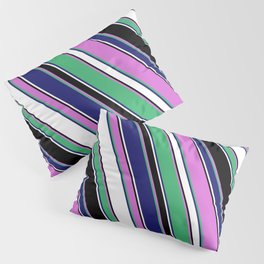 [ Thumbnail: Vibrant Orchid, Sea Green, Midnight Blue, White & Black Colored Lines Pattern Pillow Sham ]