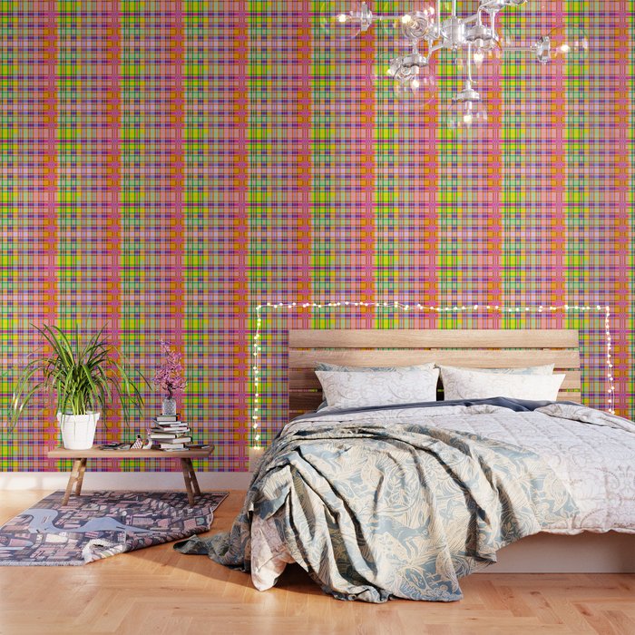 Multi colored gradation neon plaid pattern Wallpaper