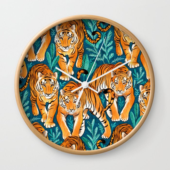 The Hunt - Stalking Tigers on Teal Blue and Green Wall Clock