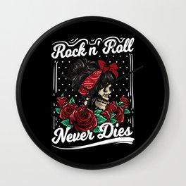 Rock n Roll Never Dies Rockabilly Girl Skull Roses Wall Clock