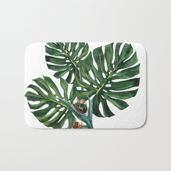 Monstera leaf with snails Bath Mat