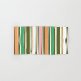 [ Thumbnail: Colorful Sea Green, Light Pink, Dark Olive Green, Brown, and White Colored Lines Pattern Hand & Bath Towel ]