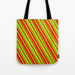 [ Thumbnail: Chartreuse & Red Colored Lines Pattern Tote Bag ]