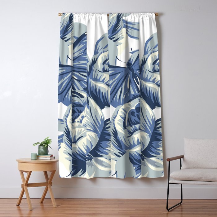 Blue White Pretty Floral Butterfly Blackout Curtain By
