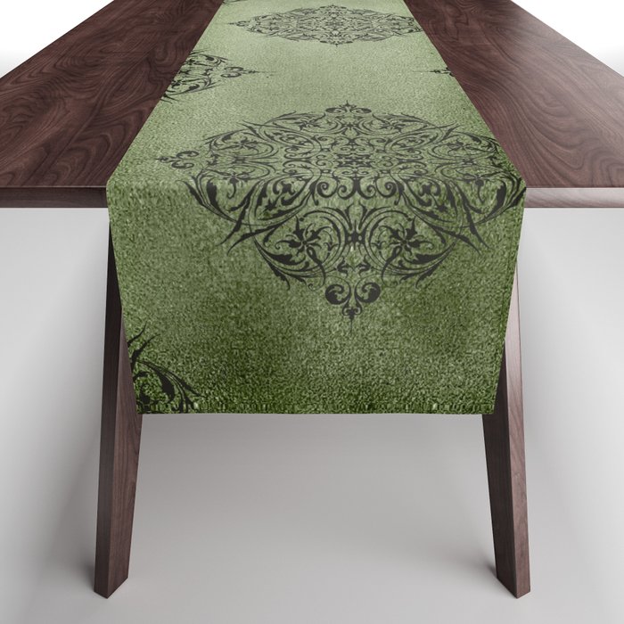 Green Gothic Damask Pattern 01 Table Runner