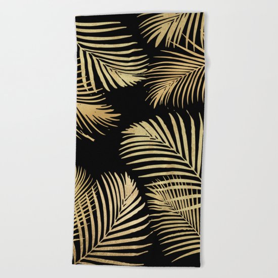 Gold Palm Leaves on Black Beach Towel