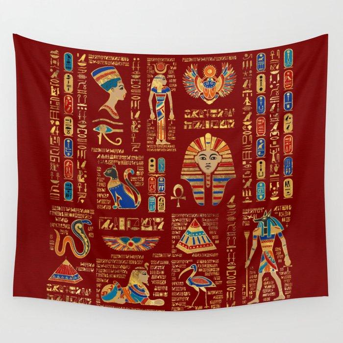 Egyptian hieroglyphs and deities on red Wall Tapestry
