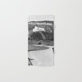 Old Hollywood sign Hollywoodland black and white photograph Hand & Bath Towel