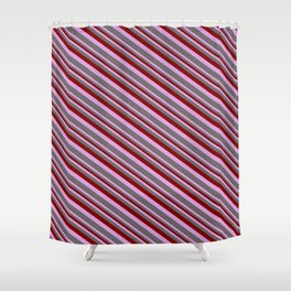 [ Thumbnail: Maroon, Plum & Dim Grey Colored Lined/Striped Pattern Shower Curtain ]