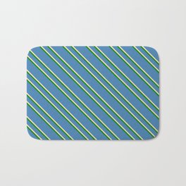 [ Thumbnail: Blue, Tan & Green Colored Striped/Lined Pattern Bath Mat ]