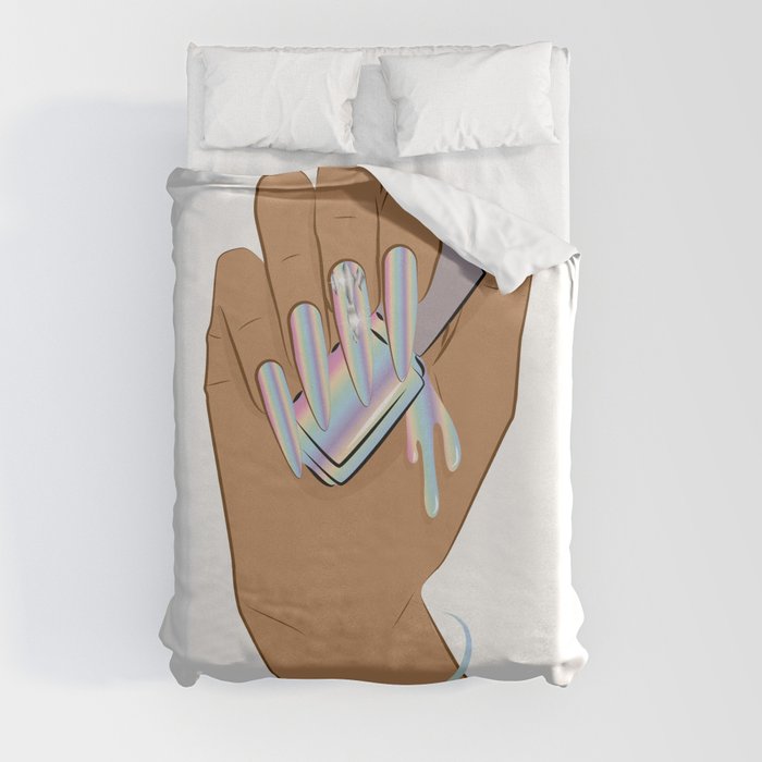 Hand with holographic long nails holds nail polish Duvet Cover