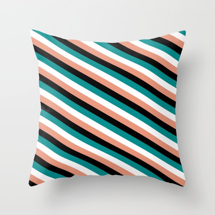 Dark Salmon, Black, Dark Cyan, and White Colored Lines/Stripes Pattern Throw Pillow