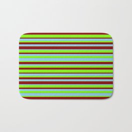 [ Thumbnail: Sky Blue, Green & Dark Red Colored Lined Pattern Bath Mat ]