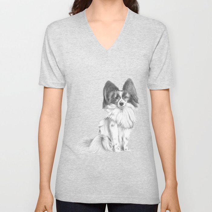 Papillion (Butterfly Dog) V Neck T Shirt