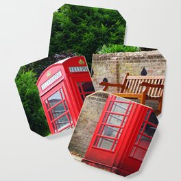 Great Britain Photography - Red Phone Booth By A Wooden Bench Coaster