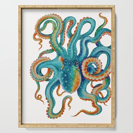 Octopus Teal Watercolor Ink Serving Tray
