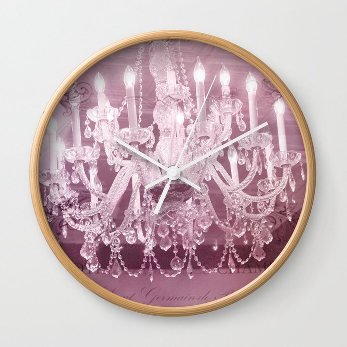 Paris Pink White Sparkling Crystal Chandelier Wall Art and Home Decor Wall Clock