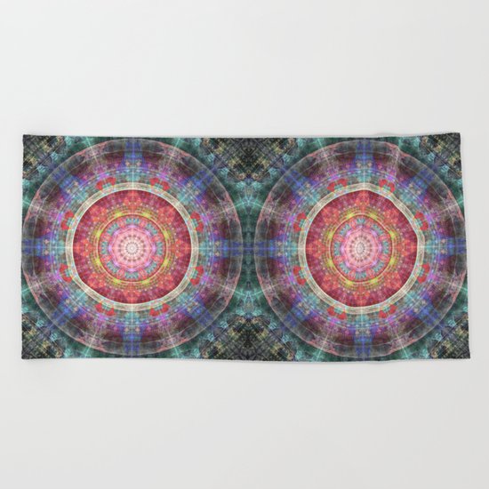 groovy colourful mandala filled with tribal patterns Beach Towel