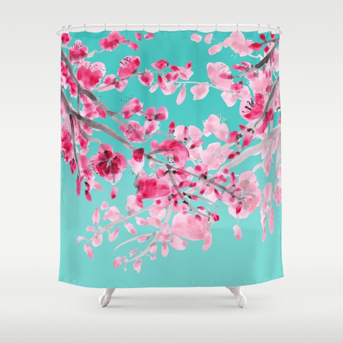 Cherry Blossom Aqua Shower Curtain