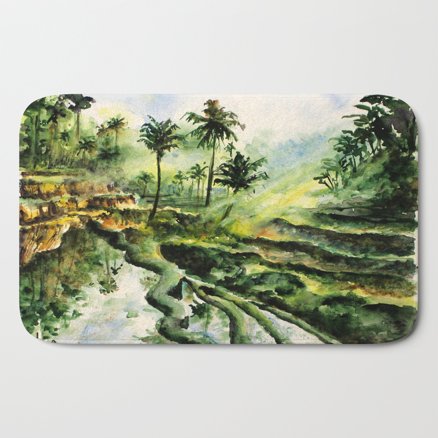 Sunny Rice Fields Of Bali, Indonesia - Watercolor Art Bath Mat By Travelart | Society6