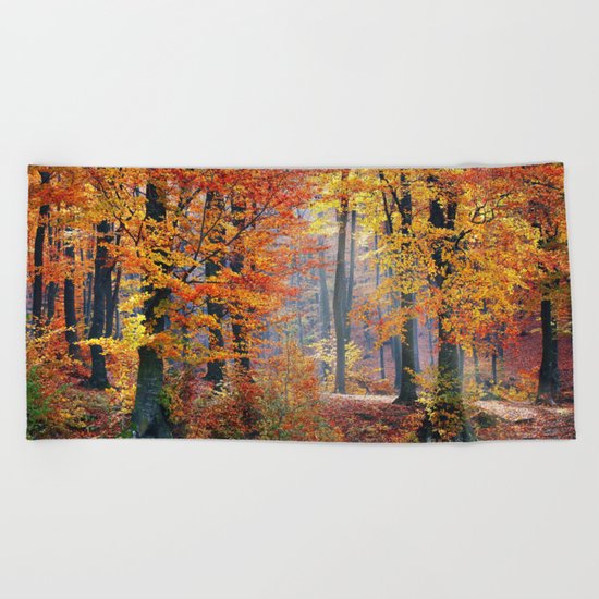 Colorful Autumn Fall Forest Beach Towel