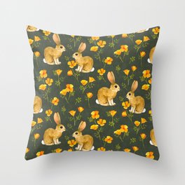California Poppies and Cottontail Bunnies on Olive Green Throw Pillow
