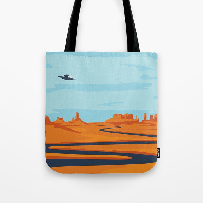 landscape with deserted valley, mountains, dark winding river and flying saucer in the sky. Decorative illustration on the theme of of alien invasion. Western scenery and UFO Tote Bag