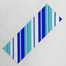 [ Thumbnail: Turquoise, White, and Blue Colored Striped/Lined Pattern Yoga Mat ]