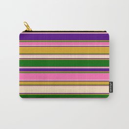 [ Thumbnail: Eyecatching Goldenrod, Dark Green, Hot Pink, Bisque & Indigo Colored Striped/Lined Pattern Carry-All Pouch ]
