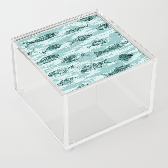 Teal Blu Watercolor Fish Under the Sea Coastal Marine Pattern. Rustic Wet Wash Beach Decor Design - 2 Acrylic Box
