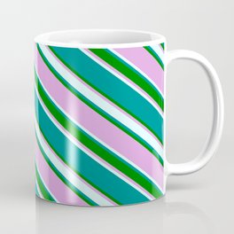 [ Thumbnail: Dark Cyan, Green, Plum & Light Cyan Colored Striped Pattern Coffee Mug ]