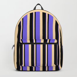 [ Thumbnail: Black, Tan, and Medium Slate Blue Colored Stripes/Lines Pattern Backpack ]