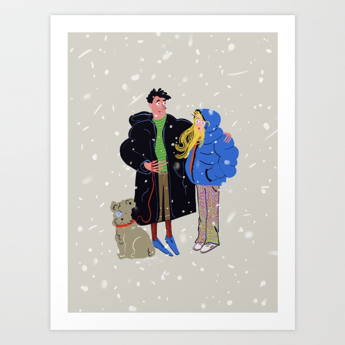 Couple with a dog in the snow Art Print