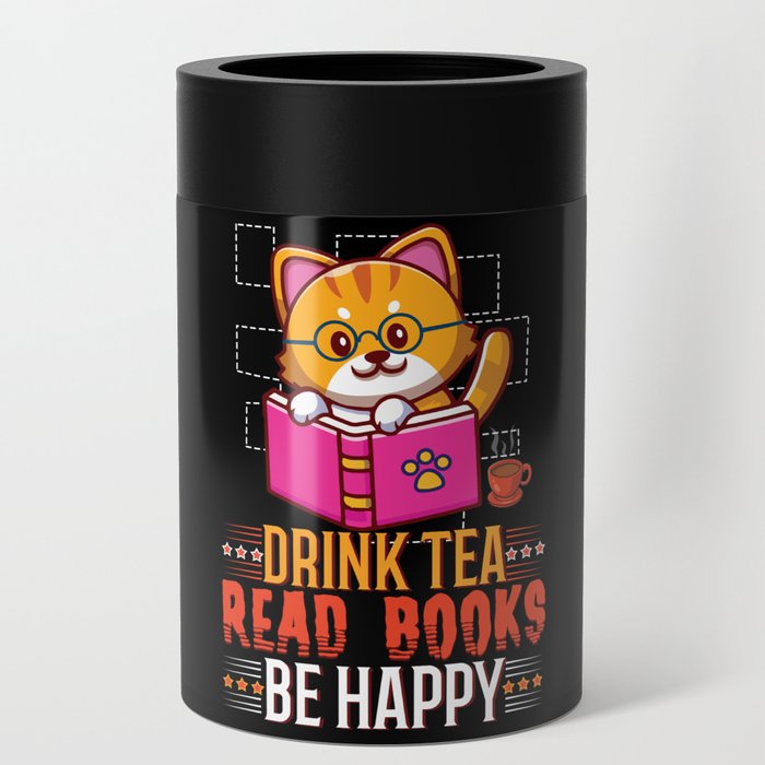 Kawaii Cat Drink Tea Read Book Reading Bookworm Can Cooler