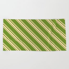 [ Thumbnail: Tan and Green Colored Striped/Lined Pattern Beach Towel ]