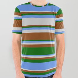 [ Thumbnail: Cornflower Blue, Light Grey, Brown & Dark Green Colored Pattern of Stripes All Over Graphic Tee ]