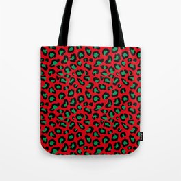 Christmas Leopard Print Black and Green on Red Tote Bag