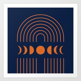 Geometric Lines and Shapes 11 in Navy Blue Orange (Rainbow and Moon Phases Abstract) Art Print
