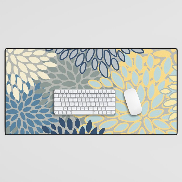 Floral Print, Yellow, Gray, Blue, Teal Desk Mat