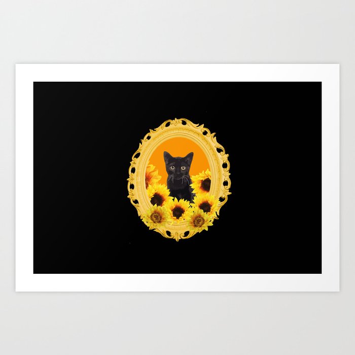 Sunflower Black Cat Frame yellow - black Art Print