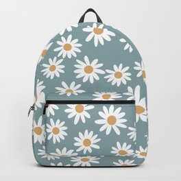 Daisies - daisy floral repeat, daisy flowers, 70s, retro, black, daisy florals dusty blue Backpack