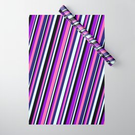 [ Thumbnail: Dark Violet, Hot Pink, Midnight Blue, Light Cyan & Black Colored Lined/Striped Pattern Wrapping Paper ]