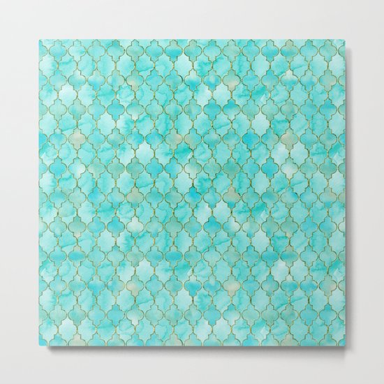 Luxury Aqua Teal and Gold oriental quatrefoil pattern Metal Print