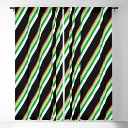 [ Thumbnail: Red, Green, Forest Green, Light Cyan, and Black Colored Stripes/Lines Pattern Blackout Curtain ]