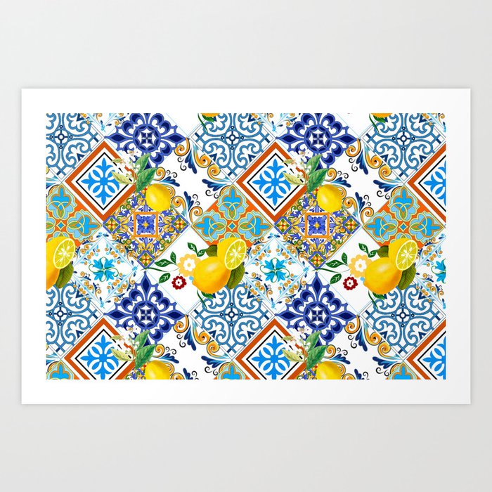 Tiles,mosaic,azulejo,quilt,Portuguese,majolica,lemons,citrus. Art Print