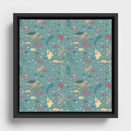 Repeating seamless pattern with turtle, seaweed and fish. Green background.  Framed Canvas