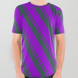 [ Thumbnail: Dark Slate Gray & Dark Violet Colored Striped Pattern All Over Graphic Tee ]