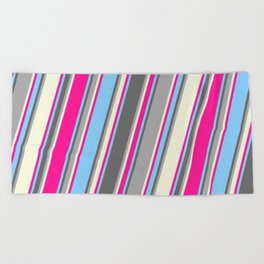 [ Thumbnail: Colorful Light Sky Blue, Dim Grey, Dark Grey, Beige, and Deep Pink Colored Pattern of Stripes Beach Towel ]